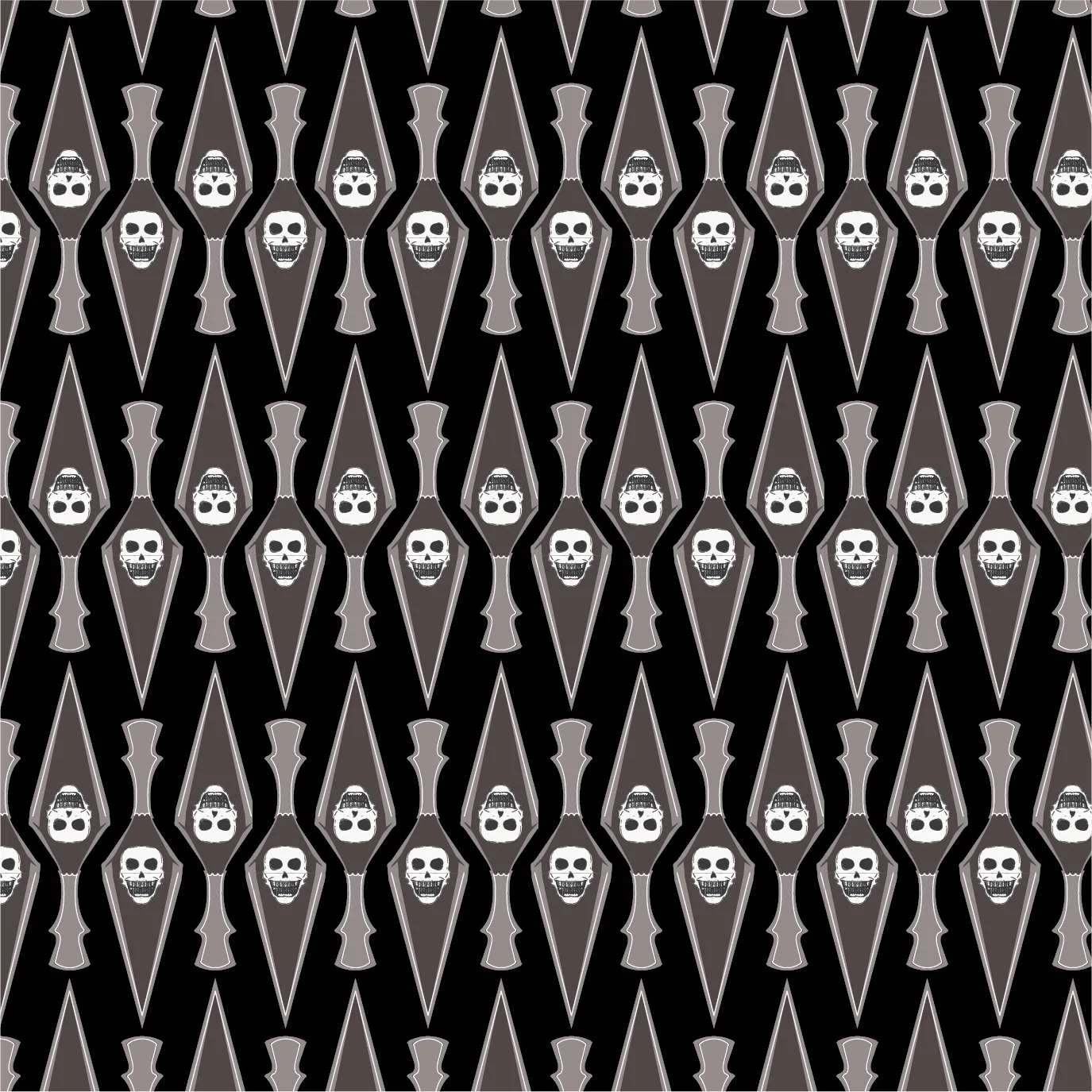 A black and white seamless Gothic pattern of skulls on a black background.