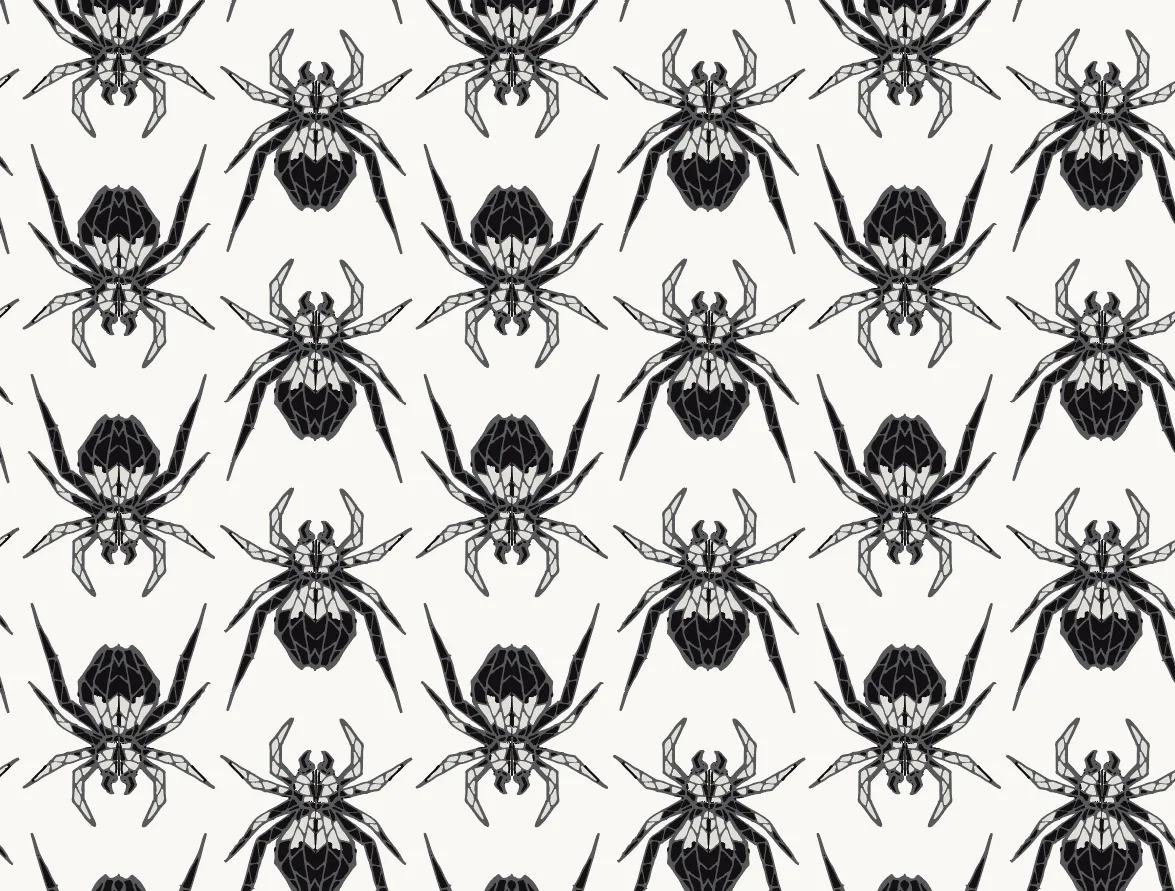 Black and white spiders in a seamless Gothic pattern on a cream background.
