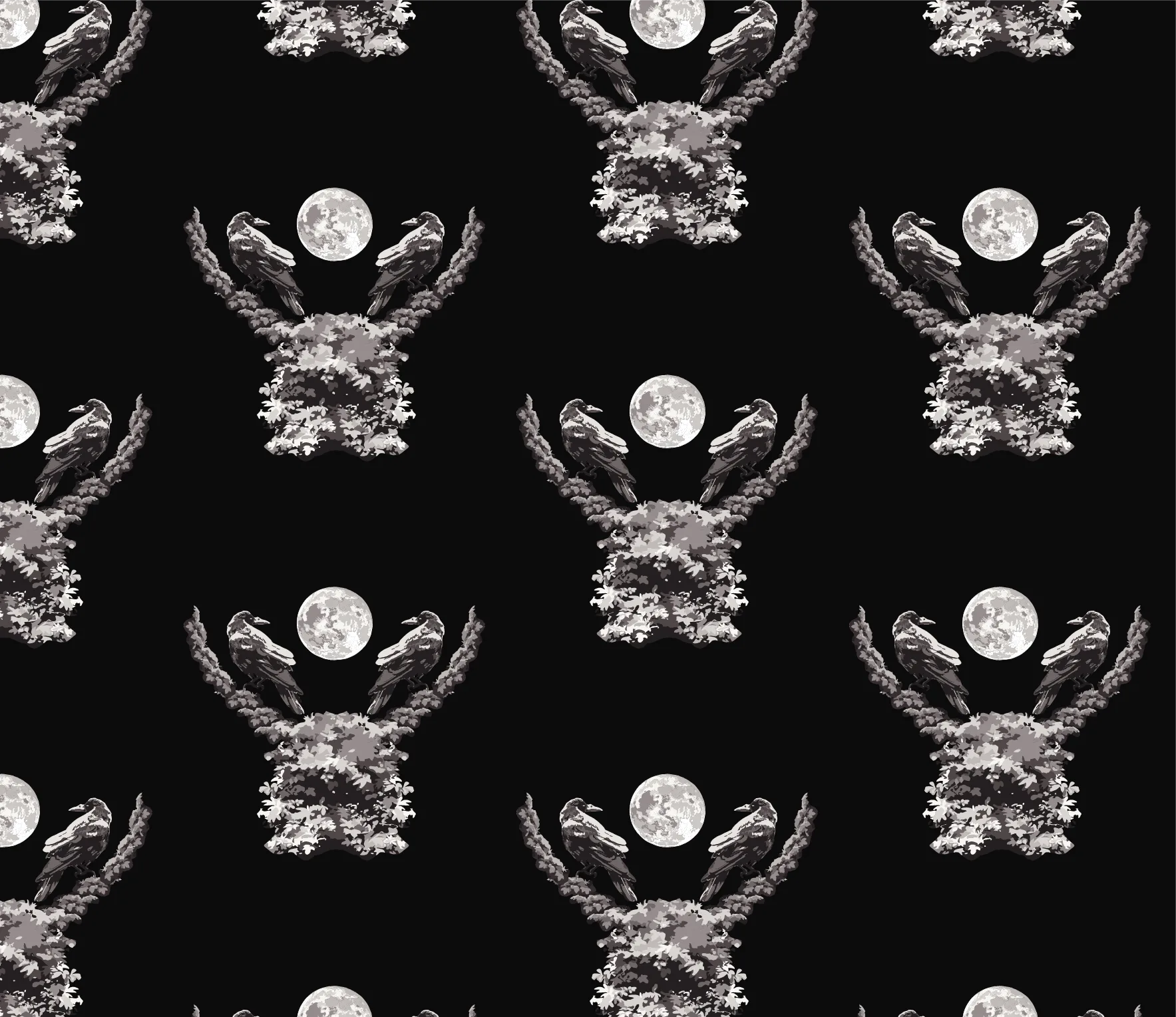 A black and white seamless Gothic pattern of a pair of ravens on a wreath surrounding the moon.