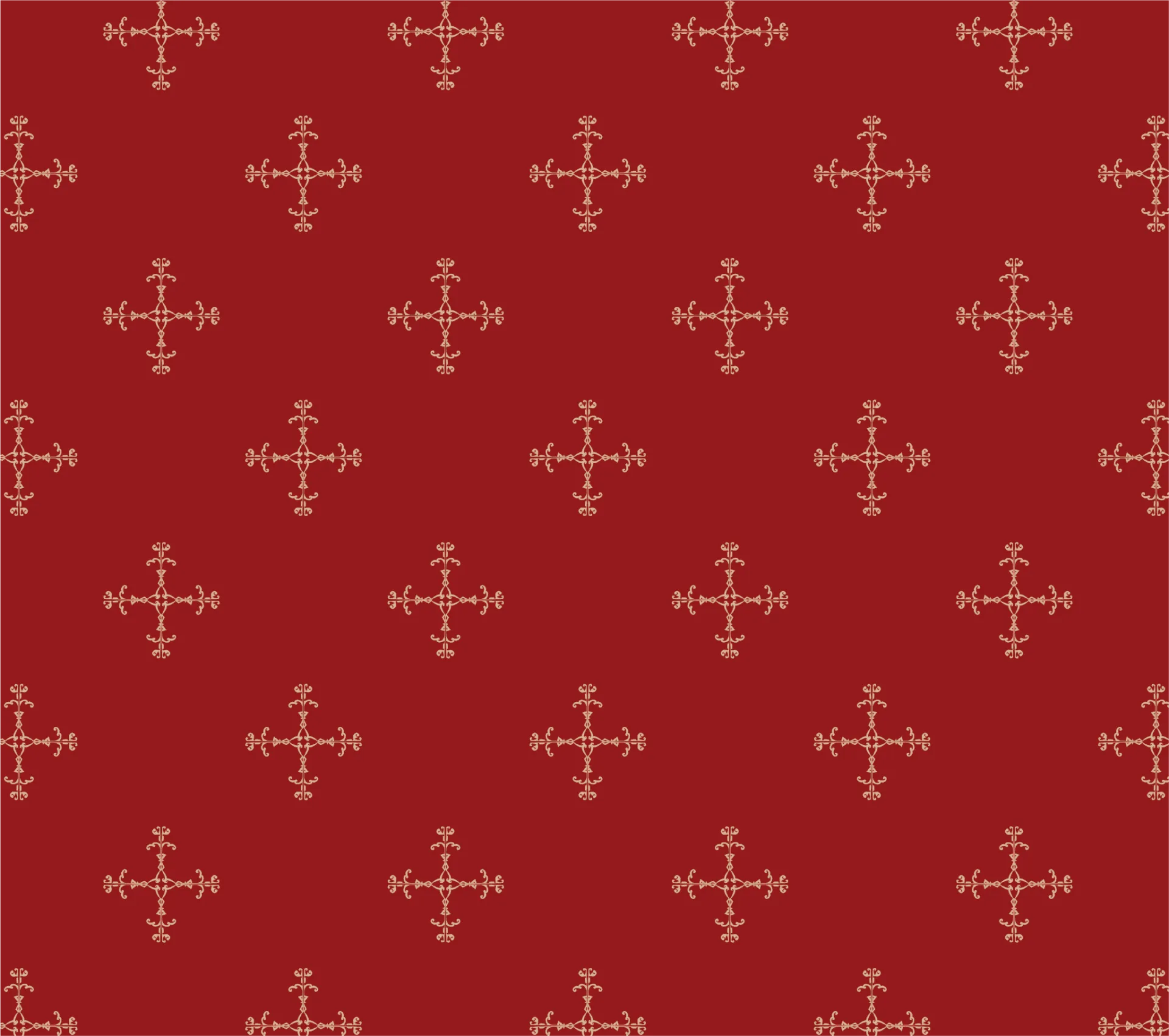 A red and gold seamless Gothic cross pattern on a red background.