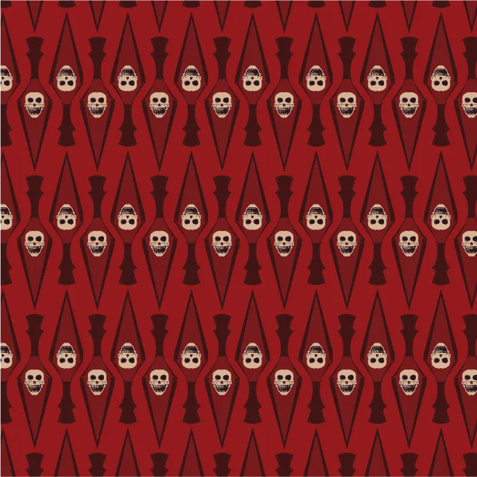 A seamless red and cream Gothic pattern of skulls and daggers on a red background.