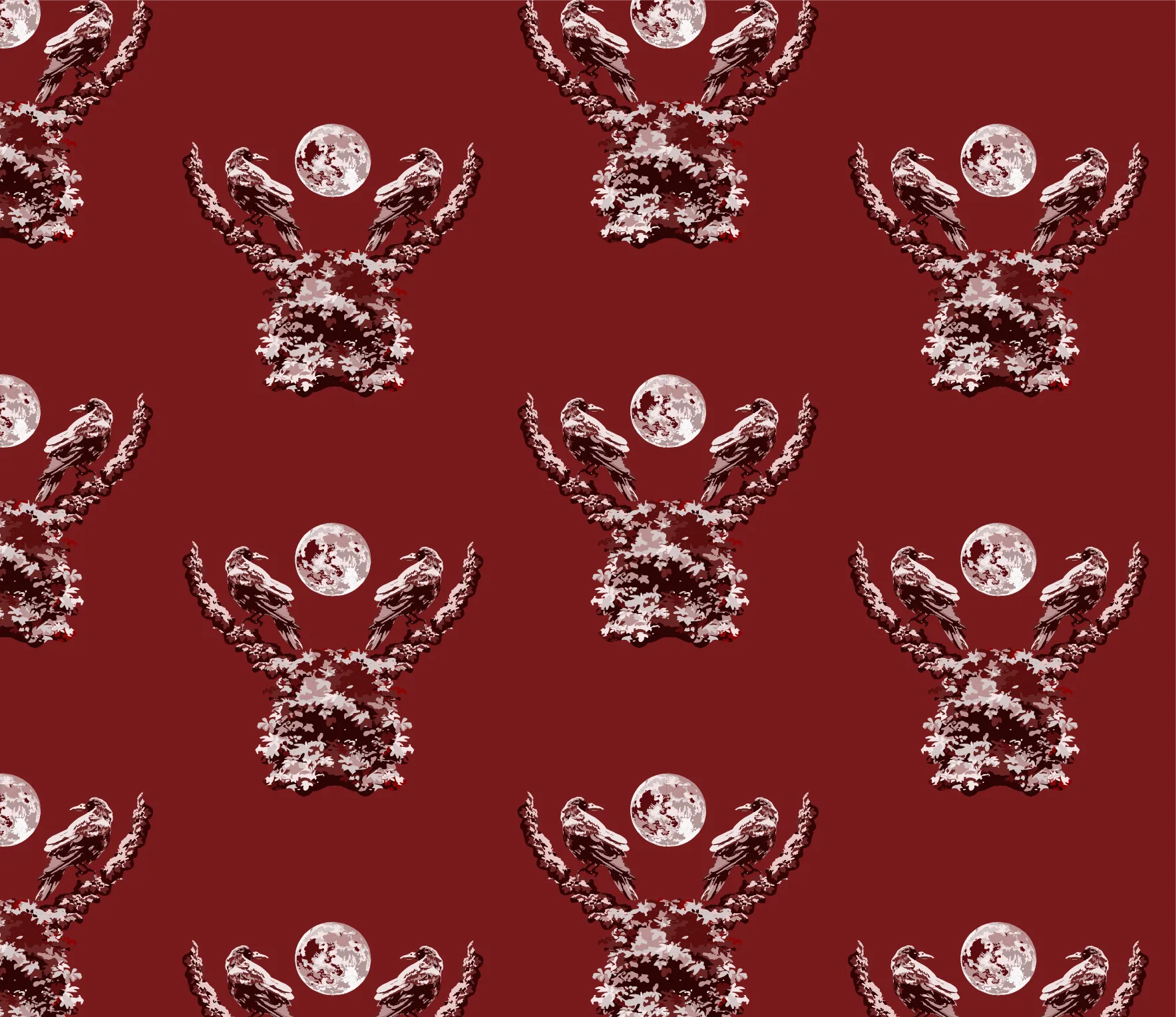 A red and cream seamless Gothic pattern of a pair of ravens on a wreath surrounding the moon.