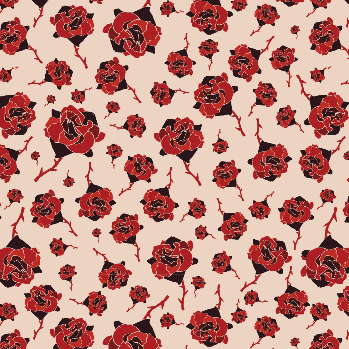 A red and black rose seamless Gothic pattern on a cream background.