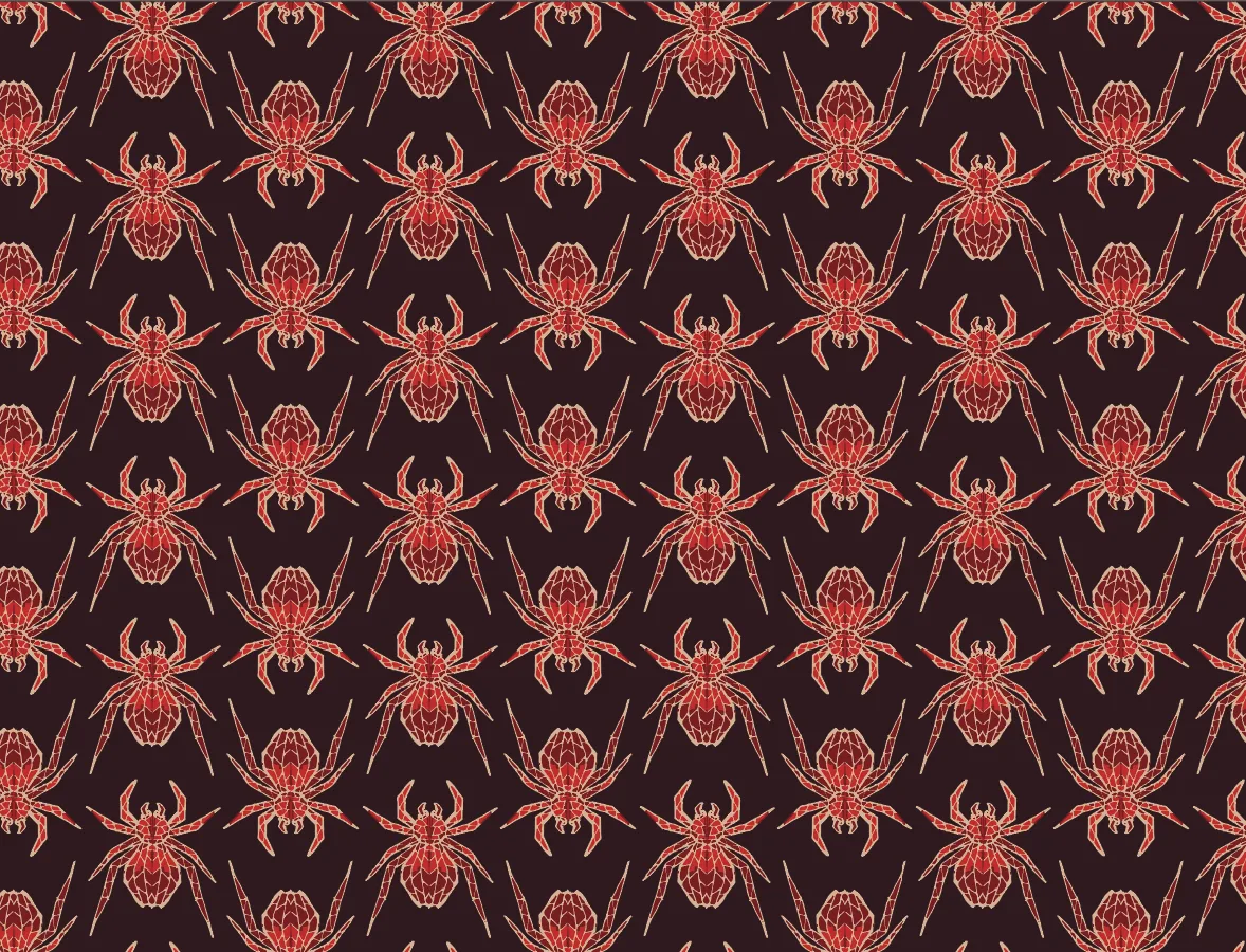 Red and cream spiders in a seamless Gothic pattern on a dark background.